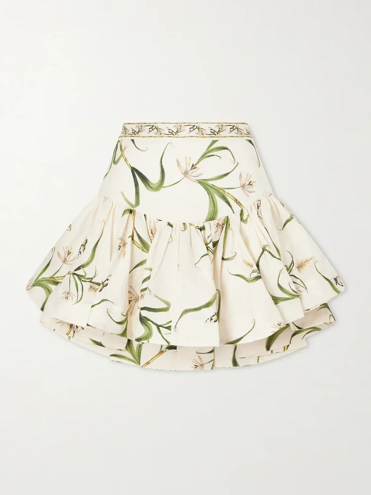 Jacarina ruffled floral-printed linen mini skirt