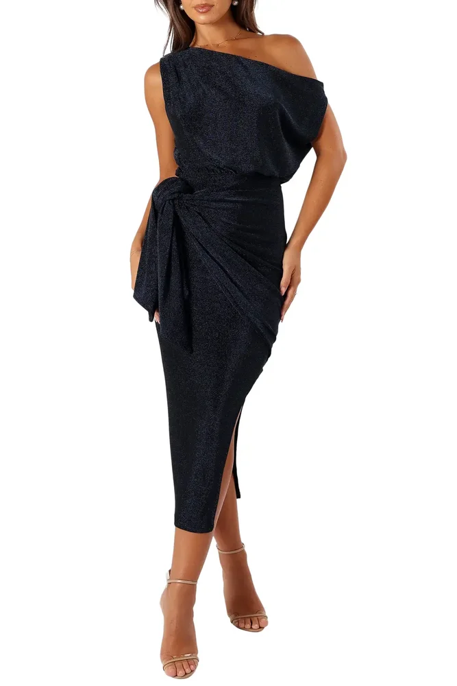 Santiago Metallic Side Tie One-Shoulder Midi Dress
