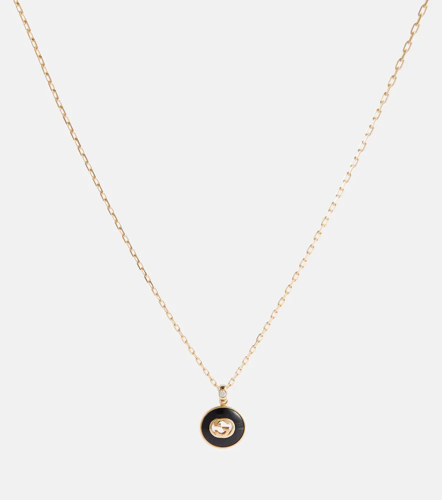 Interlocking G 18kt gold necklace with onyx and diamond