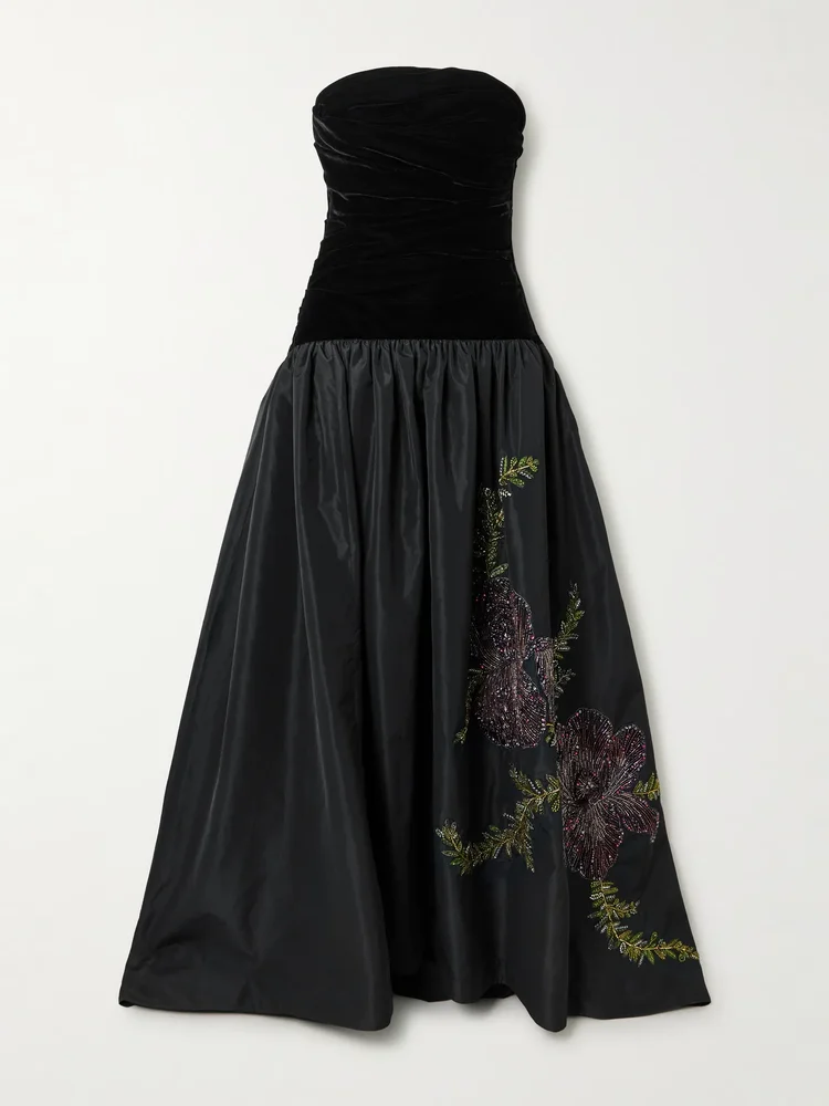 Eden strapless embellished gathered velvet and taffeta gown