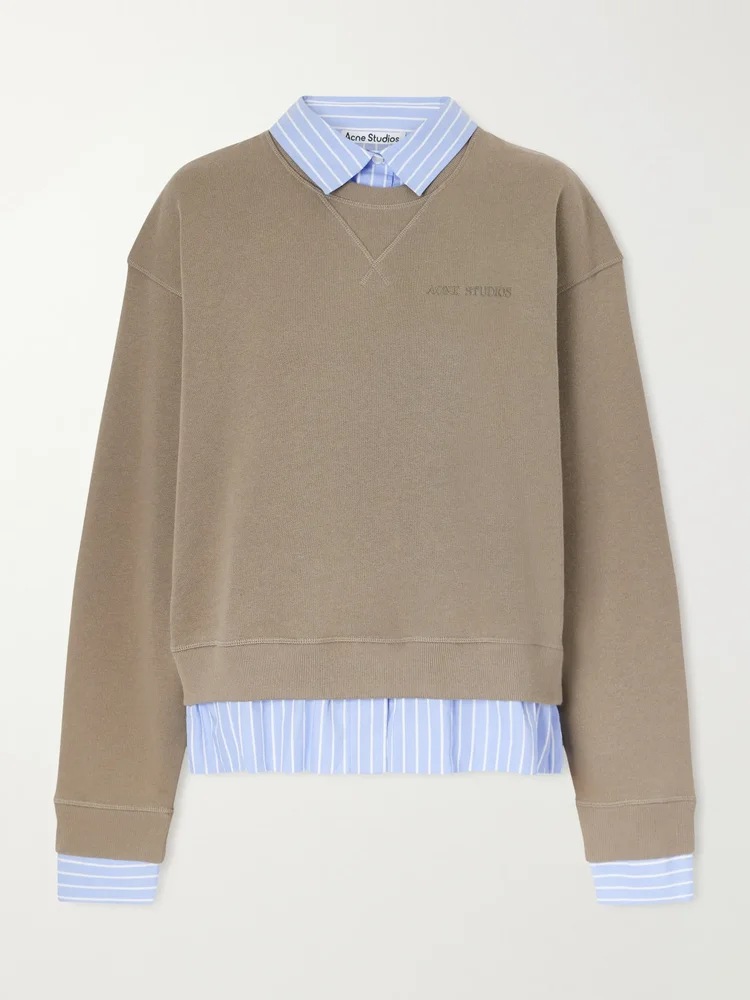 Layered striped poplin-trimmed cotton-fleece sweatshirt
