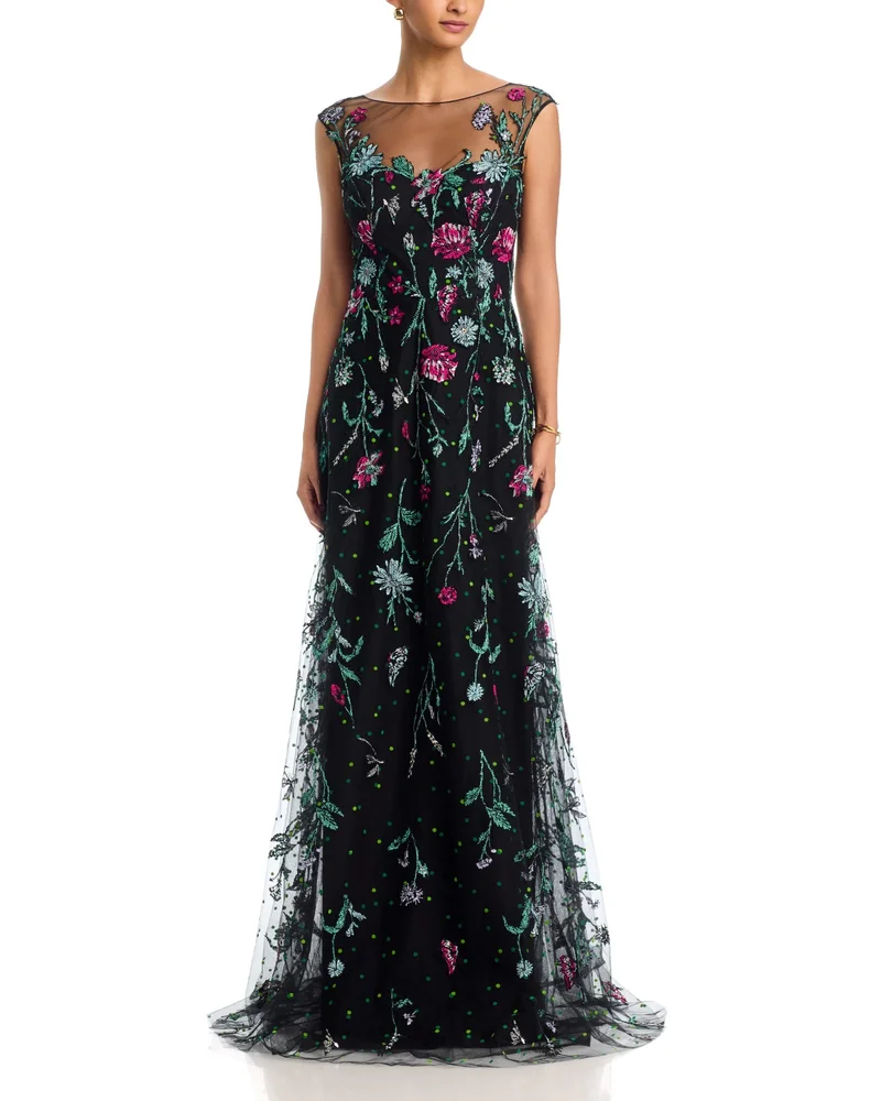Embroidered Tulle Cap Sleeve Fit And Flare Gown