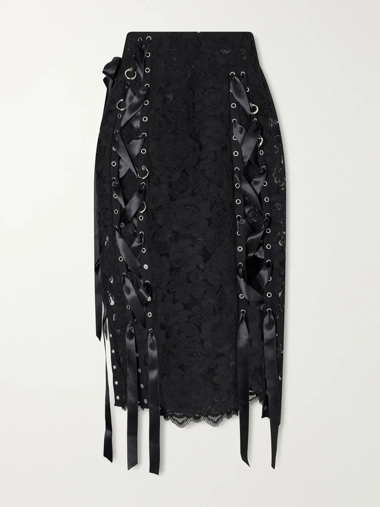 Unraveling Ribbon Ring asymmetric embellished lace and satin midi skirt