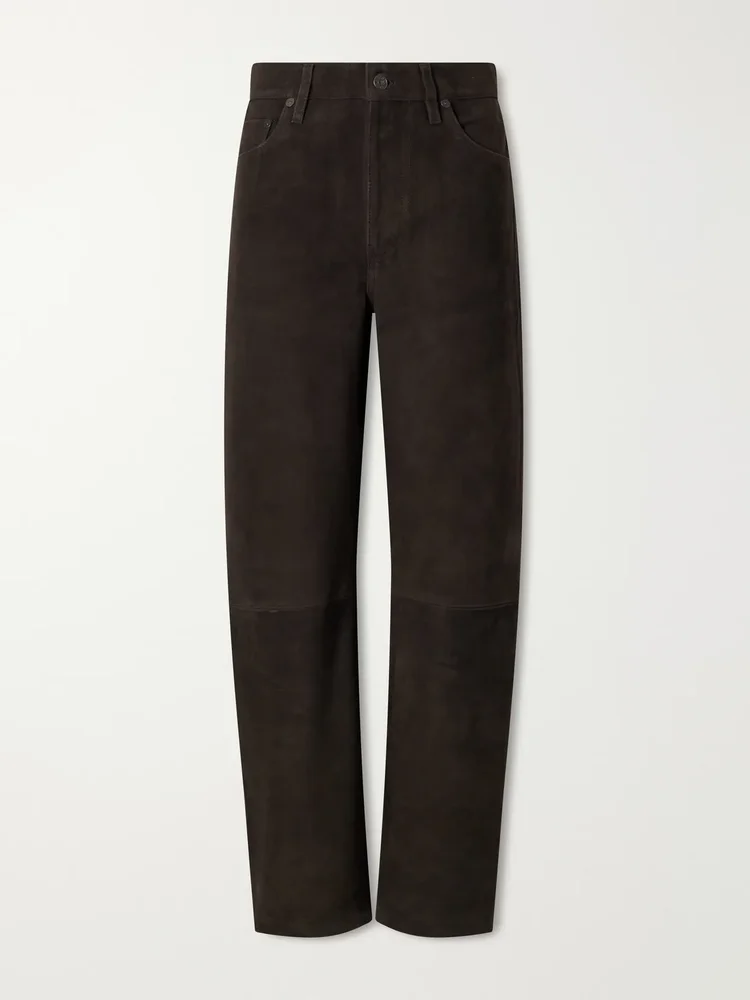 Miro paneled suede mid-rise barrel-leg pants