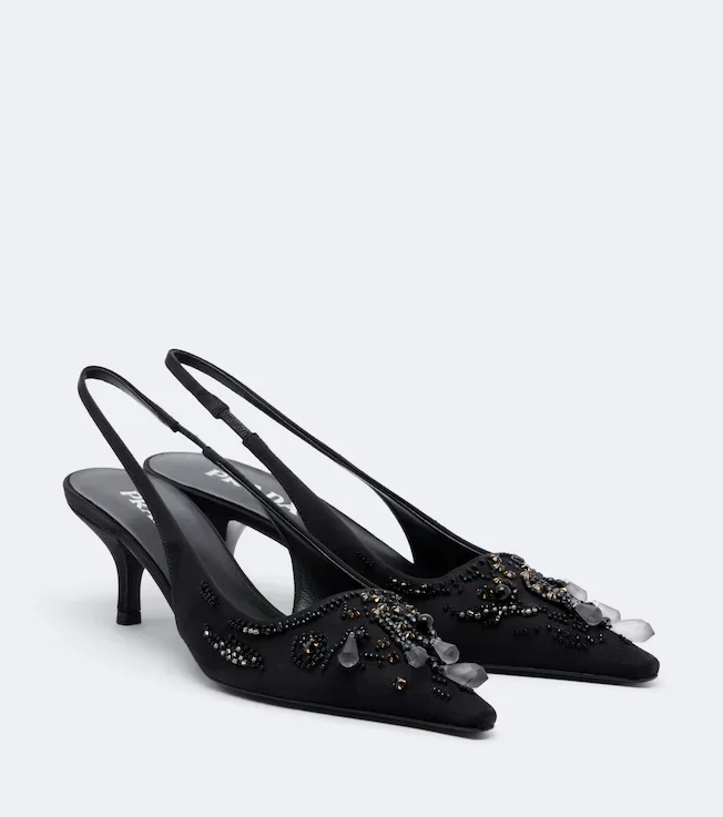 Embellished satin slingback pumps