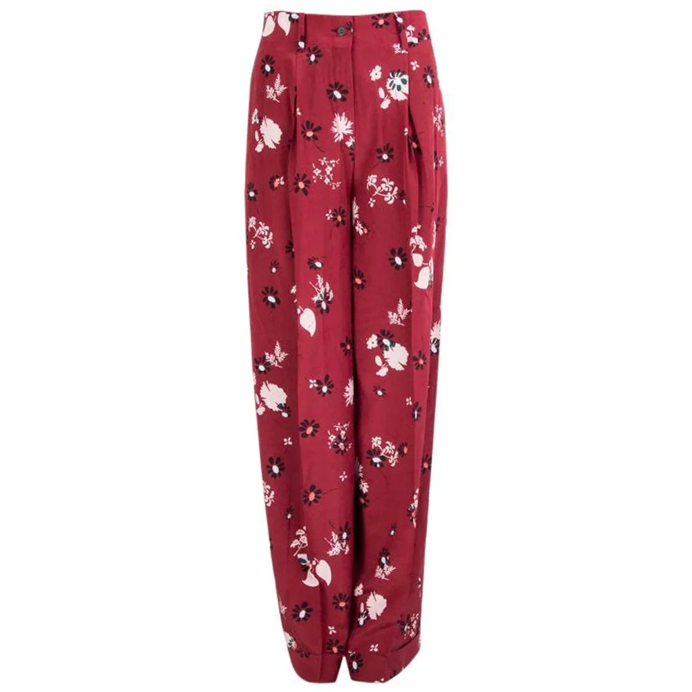 Valentino burgundy silk Floral Pleate Wide Leg Pants 42 M