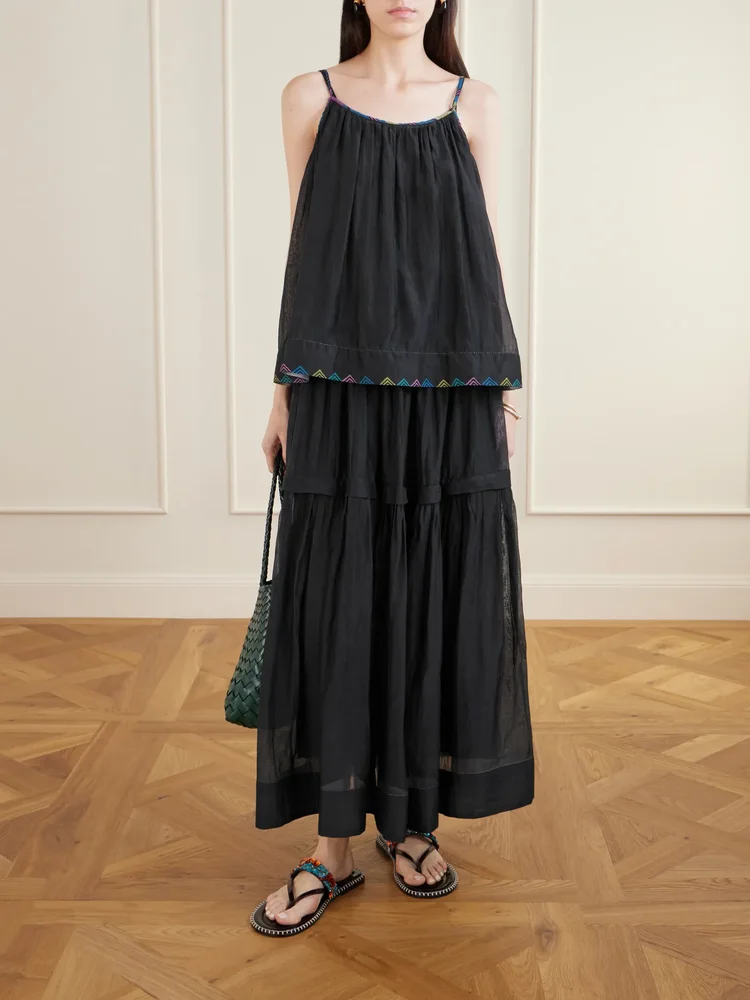 Munro gathered tiered smocked cotton and silk-blend voile midi skirt