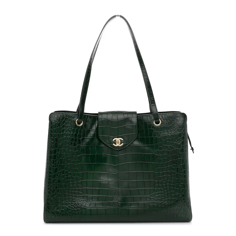 Crocodile-Embossed Large Shopping Bag (Dark Green)