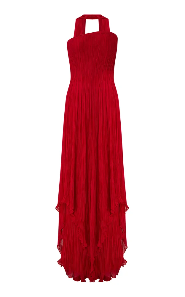 Strapless Pleated Chiffon Gown With Scarf