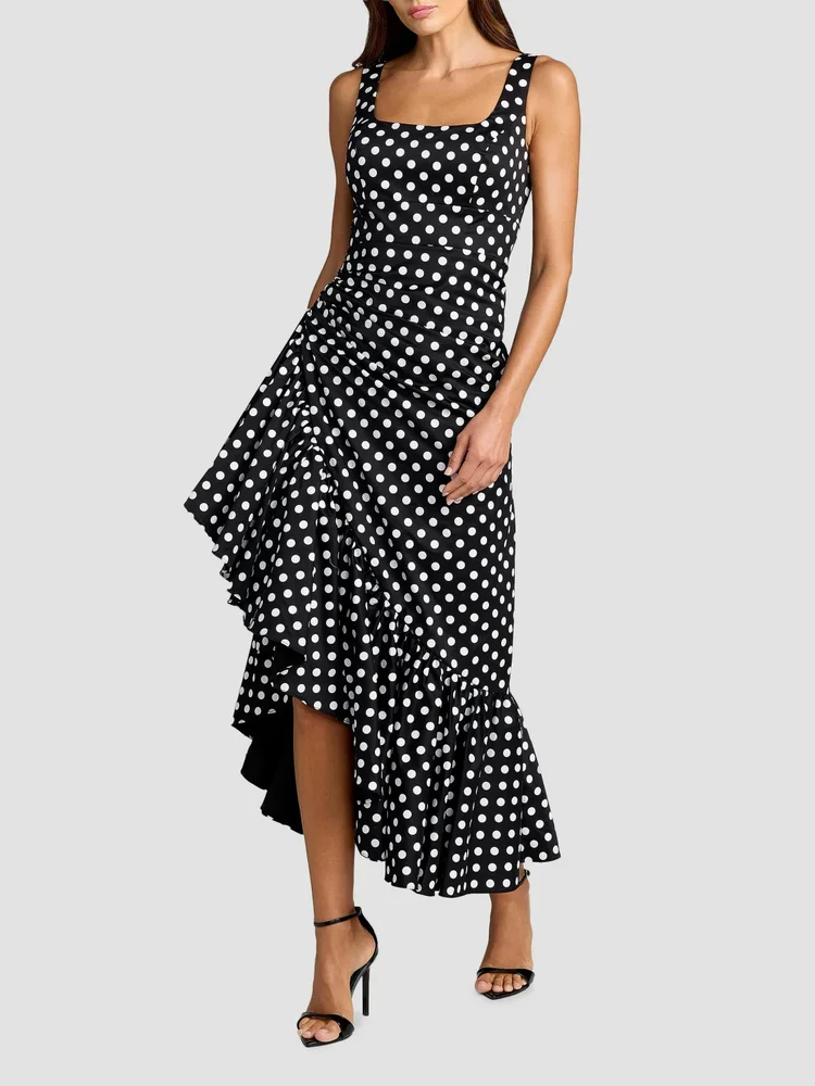 Asymmetric Ruffle Polka Dot Maxi Dress