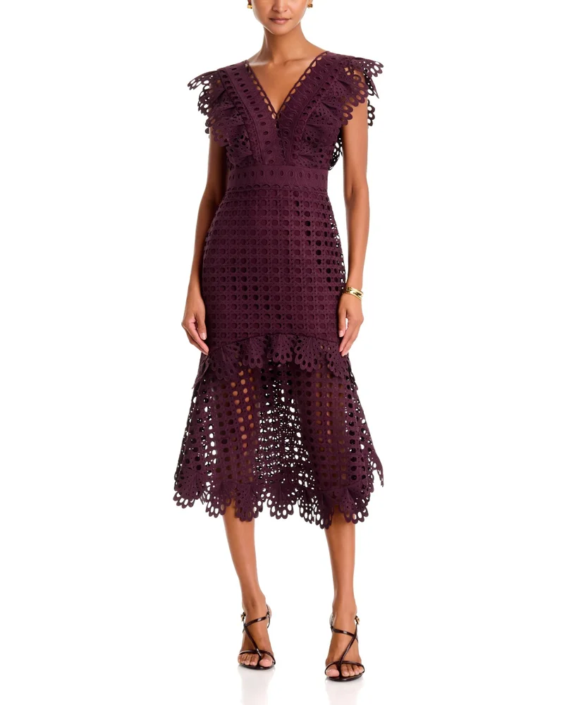 V Neck Lace Midi Dress - Exclusive