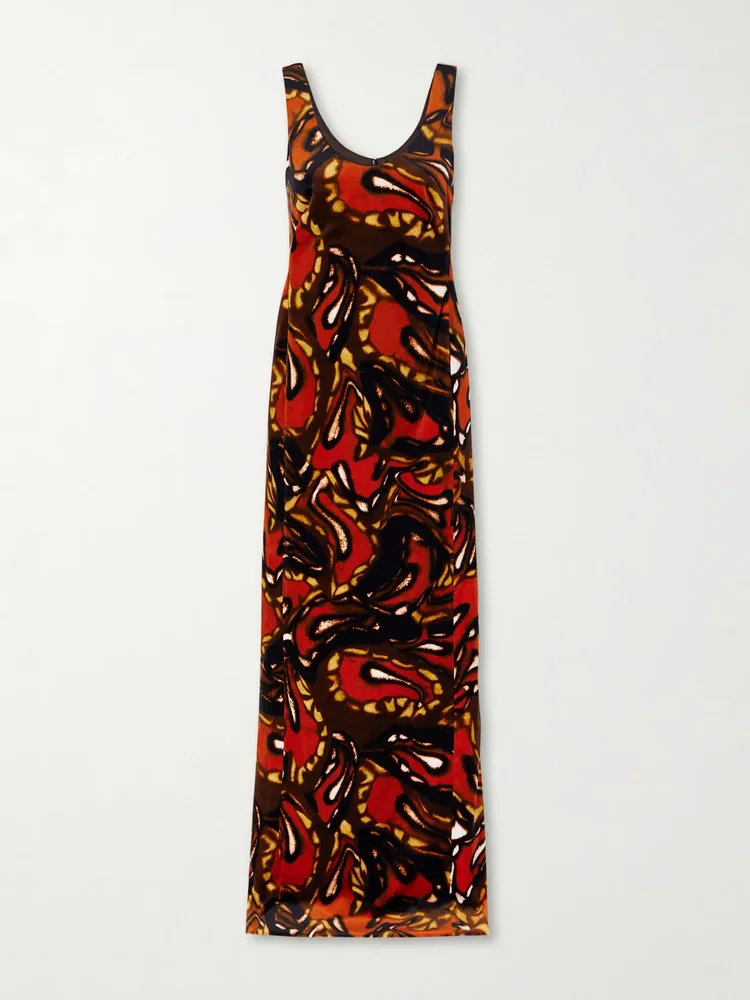 Printed cotton-blend velvet maxi dress