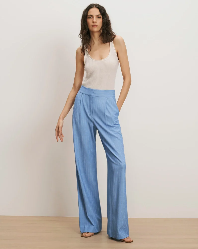 Veronica Beard Heyser Wide-Leg Pant in Blue Jay/Dove White