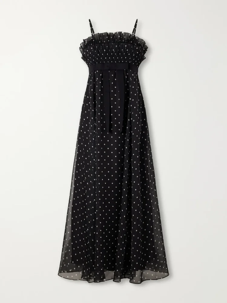 Bow Detailed Pleated Ruffled Polka Dot Chiffon Maxi Dress