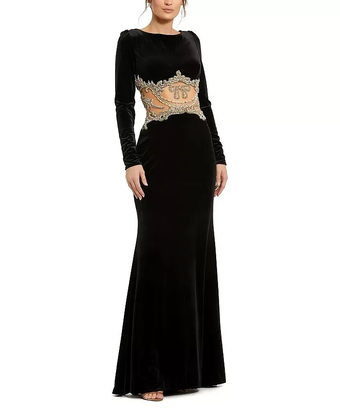 Long Sleeve Sheer Embellished Velvet Gown