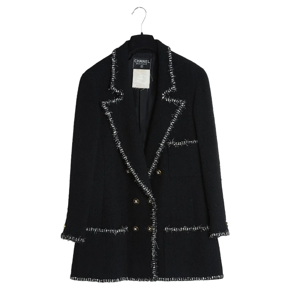 Chanel 1994 Veste Blazer Noir FR40 Black Tweed CC Button Jacket