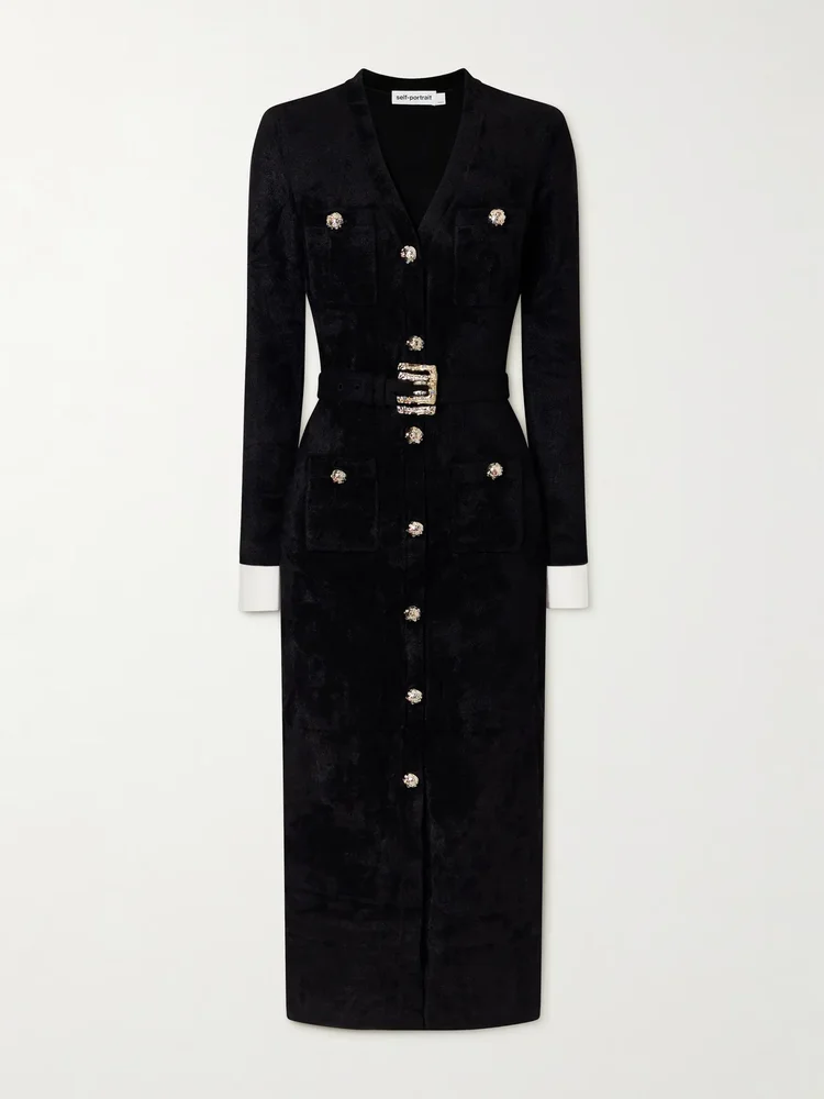 belted chenille midi dress
