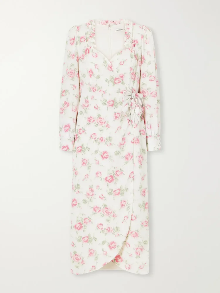 floral print wrap silk midi dress