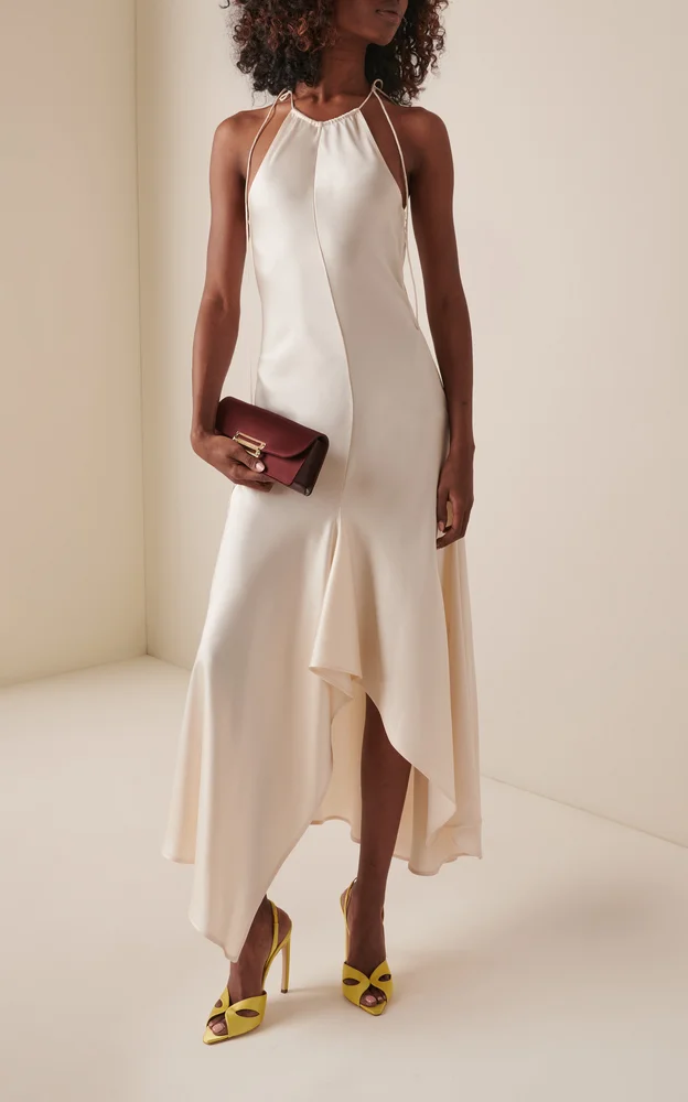 Draped Satin Halter Midi Dress