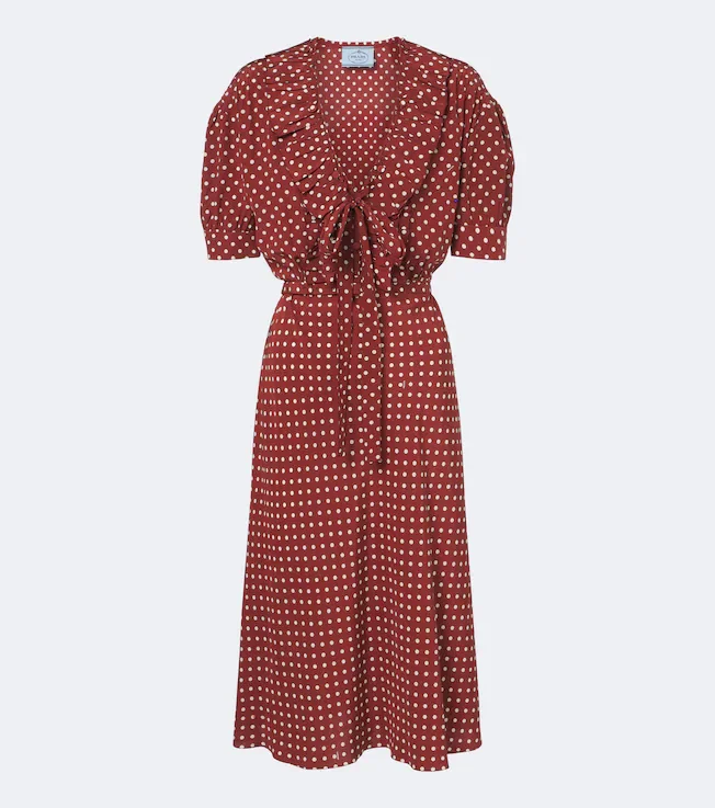 Polka-dot ruffled silk midi dress