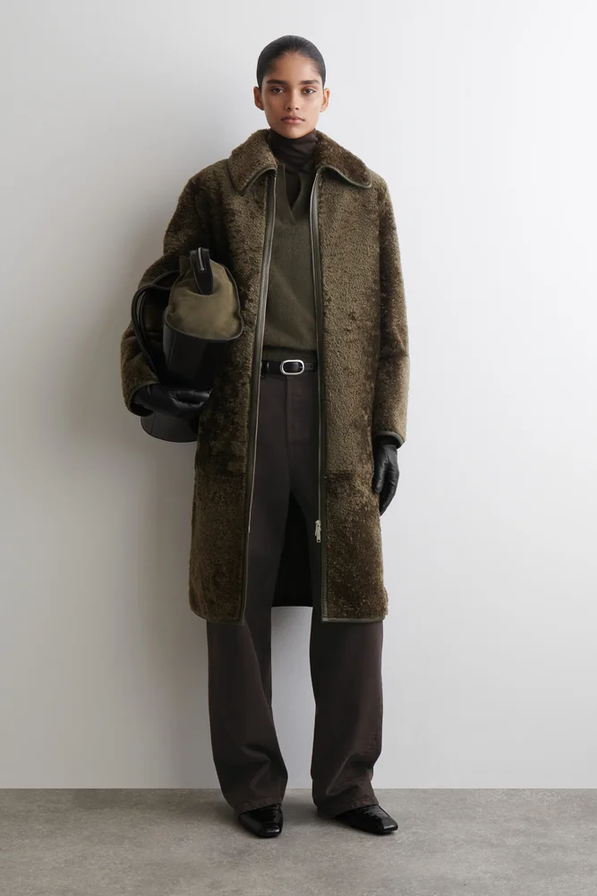 Leather-Bonded Shearling Long Coat