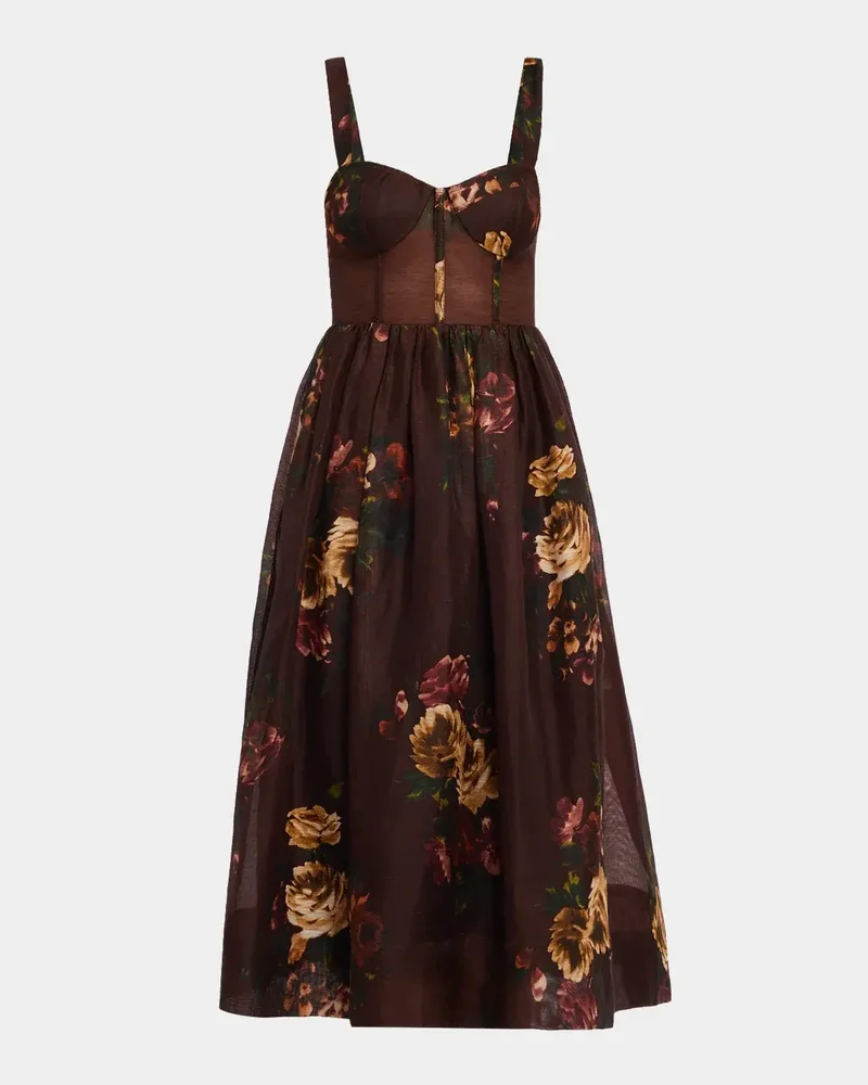 Phoebe Floral Linen and Silk Midi Bustier Dress