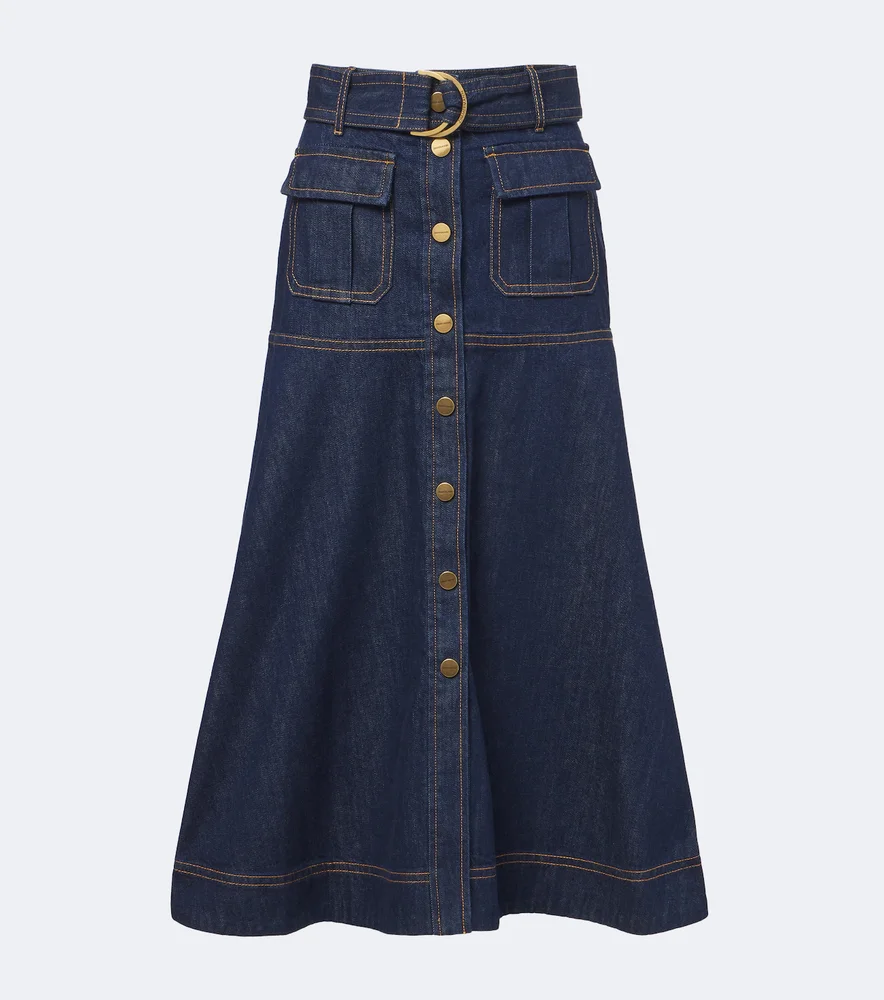 Belted denim midi skirt