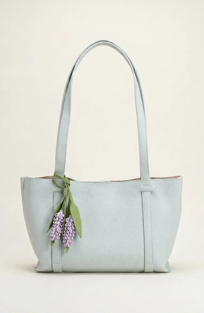 Pebbled Leather Tote Bag with Removable Pouch and Charm