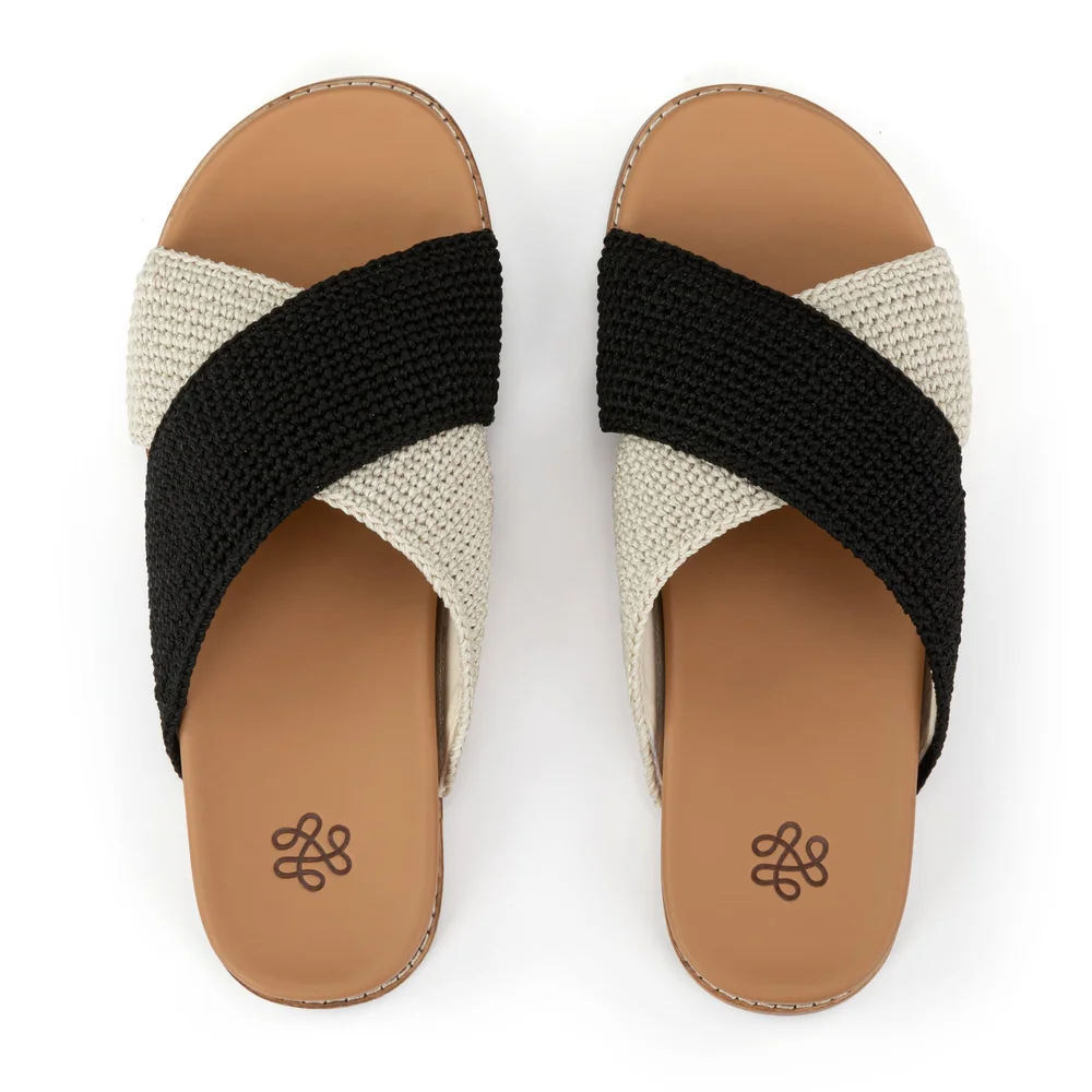 Penelope Sandal - Hand Crochet - Black Ecru Block