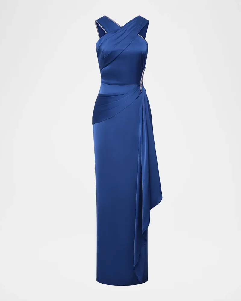 Cressida Rhinestone-Trim Halter Column Gown