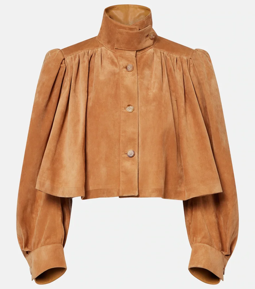 Cropped gathered suede jacket