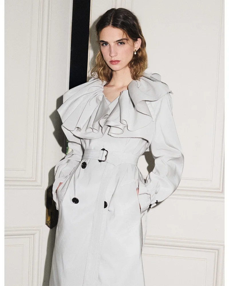 Clare Faille Ruffle Collar Trench Coat