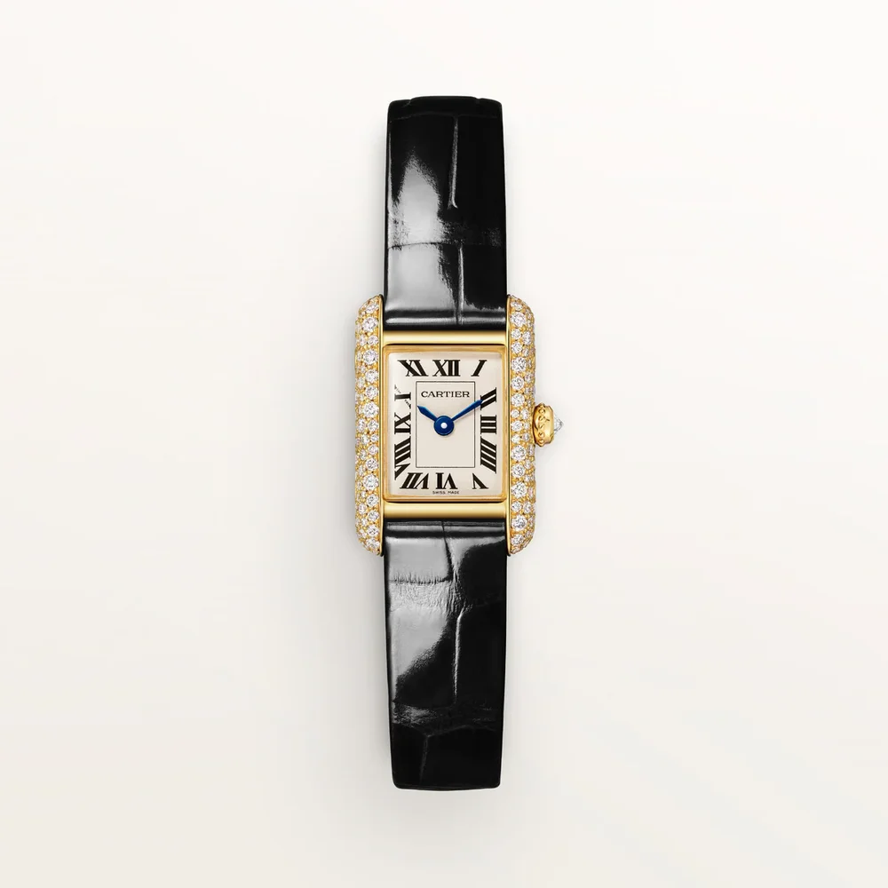 Tank Louis Cartier Watch Mini, Quartz Movement, Yellow Gold, Diamonds, Leather