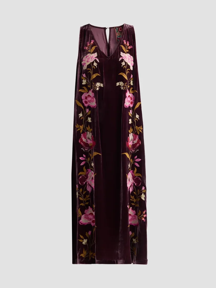 Floral Embroidered Velvet Shift Midi Dress