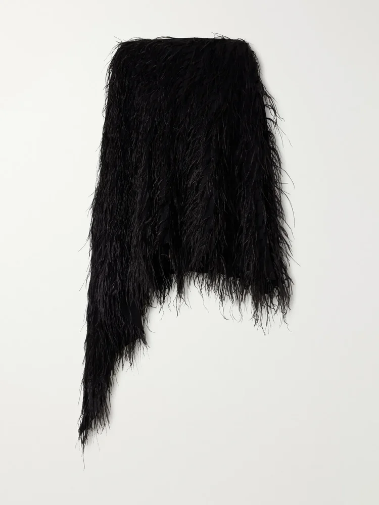 Feathers-embellished silk cape