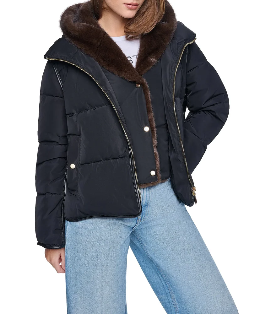 Faux Fur Hooded Zip Front Puffer Jacket