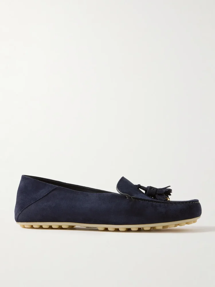 Tasseled suede collapsible-heel loafers