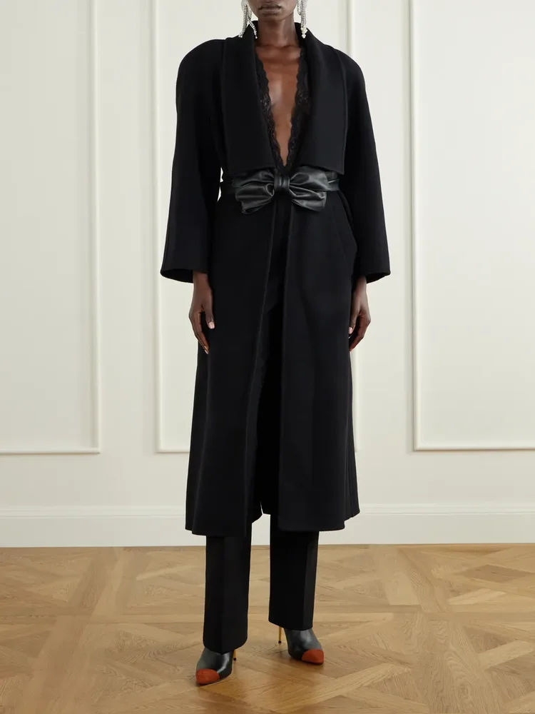 Belted leather-trimmed wool and cashmere-blend coat