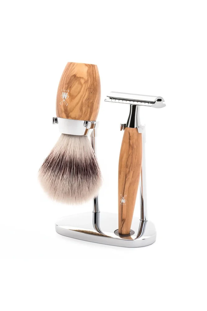 Kosmo Olive Wood 3-Piece Silvertip Fiber & Safety Razor Shaving Set