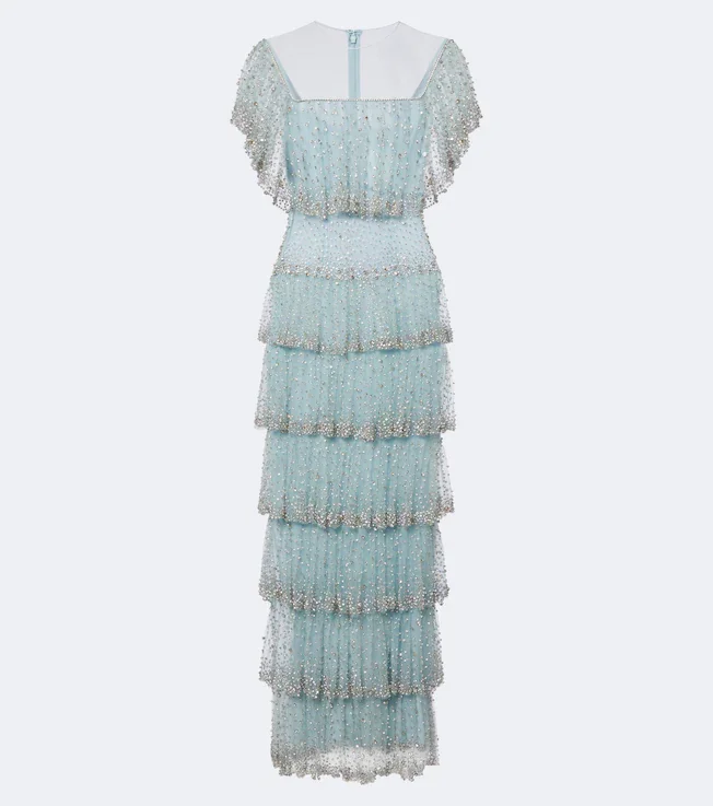Crystal-embellished tiered tulle gown