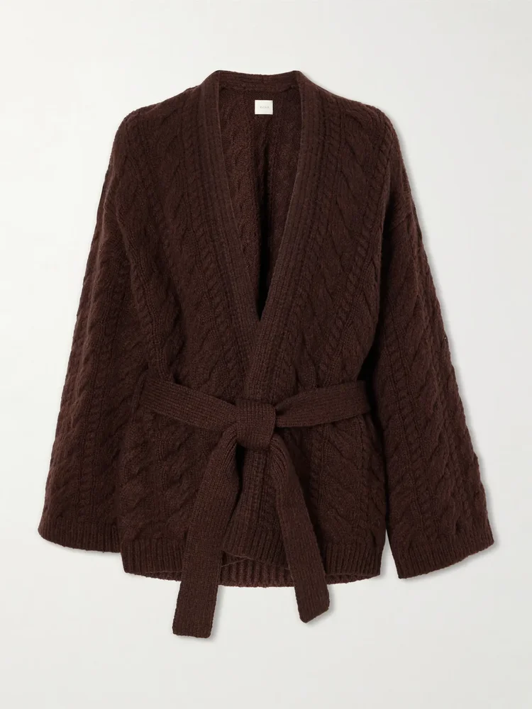 Alpine belted cable-knit wool and cashmere-blend cardigan