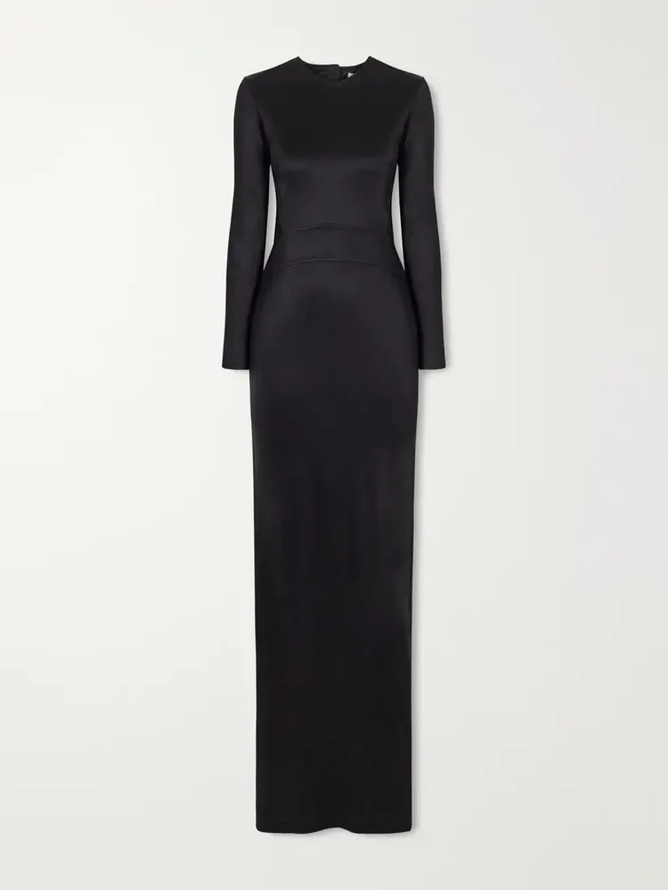 Backless paneled satin maxi dress