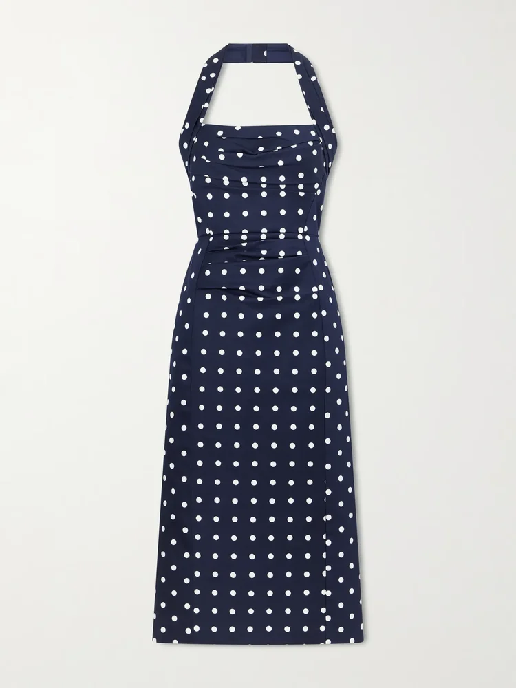Halted-neck polka-dot cotton-blend twill midi dress