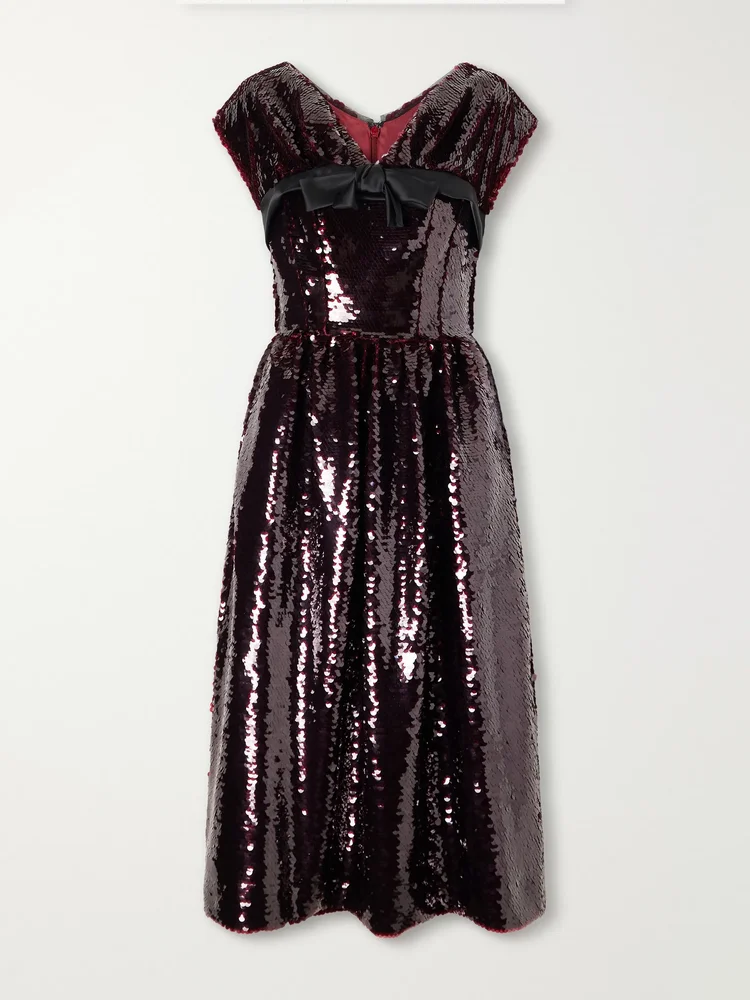 Gathered bow-detailed sequined midi dress