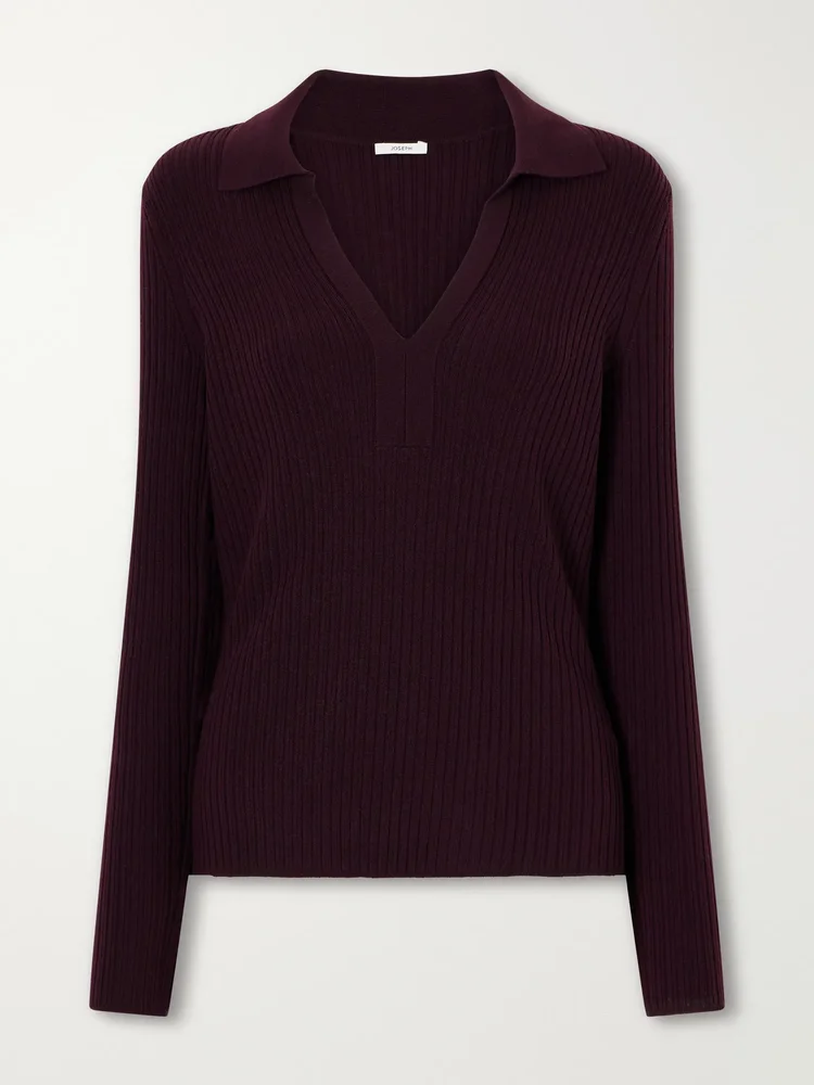 Ribbed wool-blend polo sweater