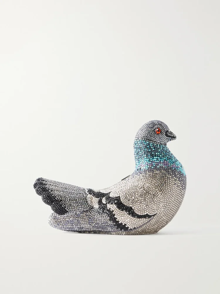 Pigeon crystal-embellished silver-tone clutch