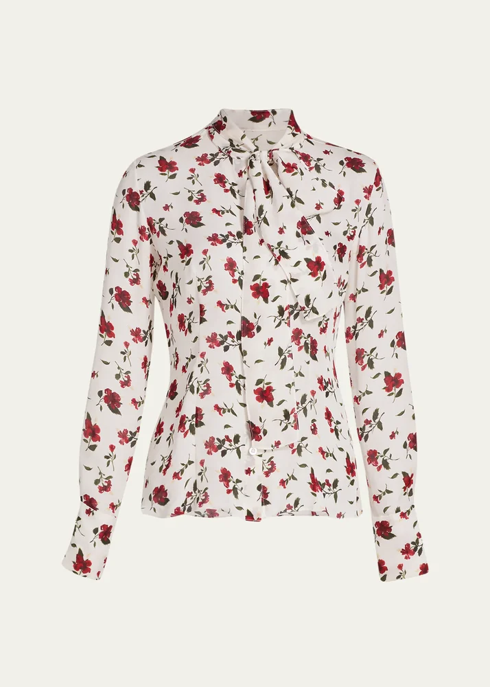 Hibiscus-Print Silk Neck-Scarf Blouse