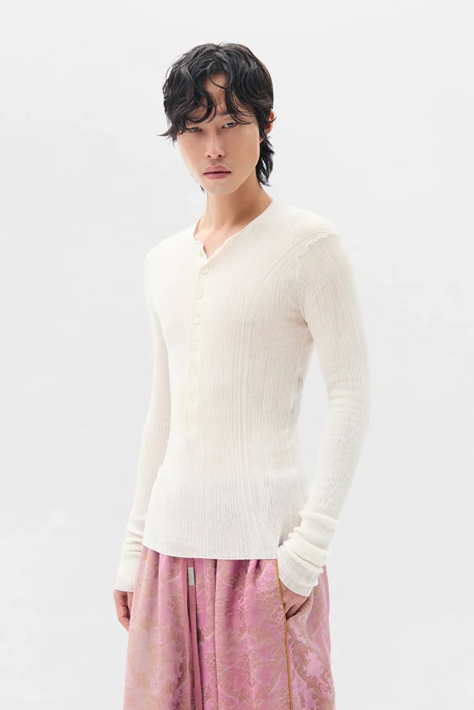 Bori Creponette Rib Fitted Serafino Knit Top