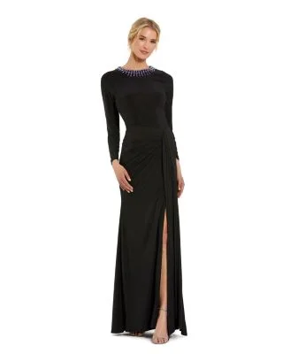 Women's Long Sleeve Jersey Ruched Gown With Beaded Neck