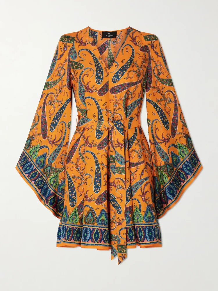 Belted paisley-print silk-twill mini dress